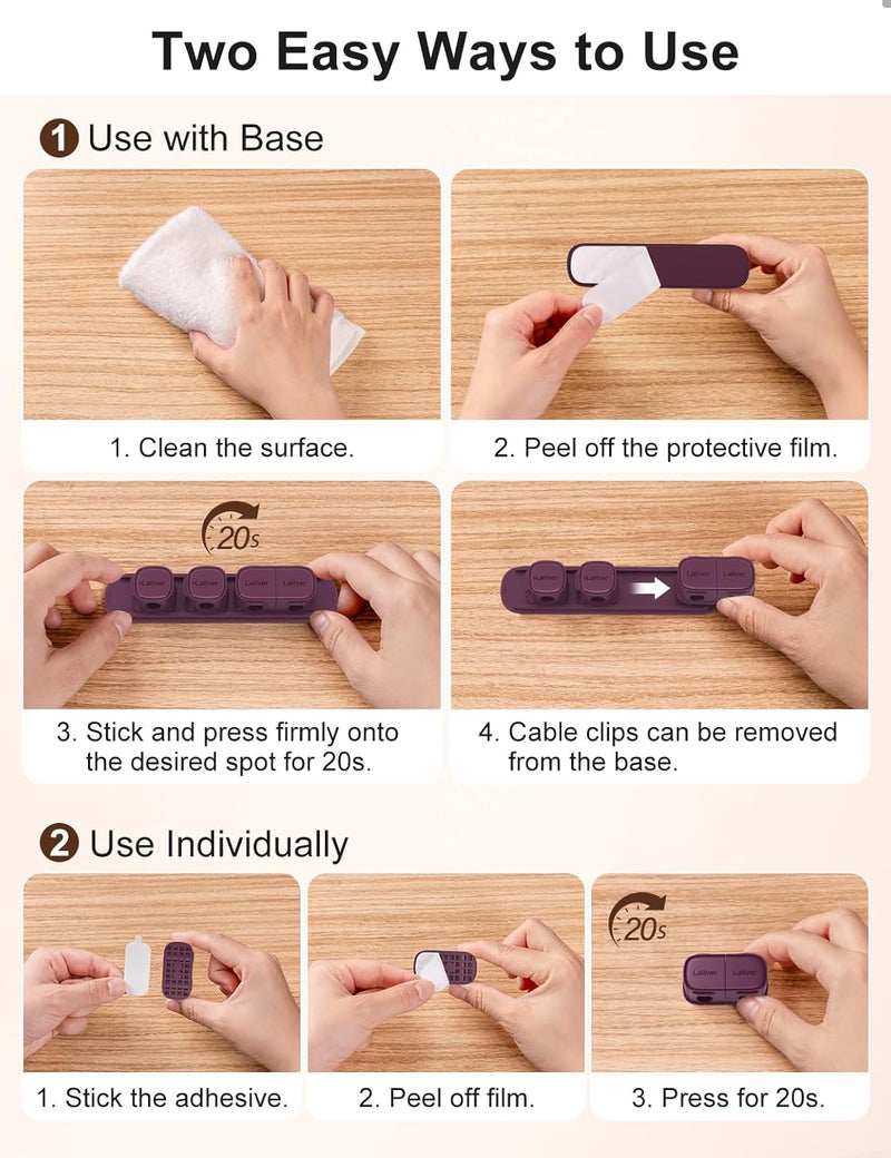 Laitver 6 Pack Magnetic Cable Clips [1s Open/Lock], Cord Organizer Holder Strong Adhesive Desk Cable Management- Organize Charging Cords Neatly for Home, Office, Car,Desk, Nightstand-Dark Purple - Image 2